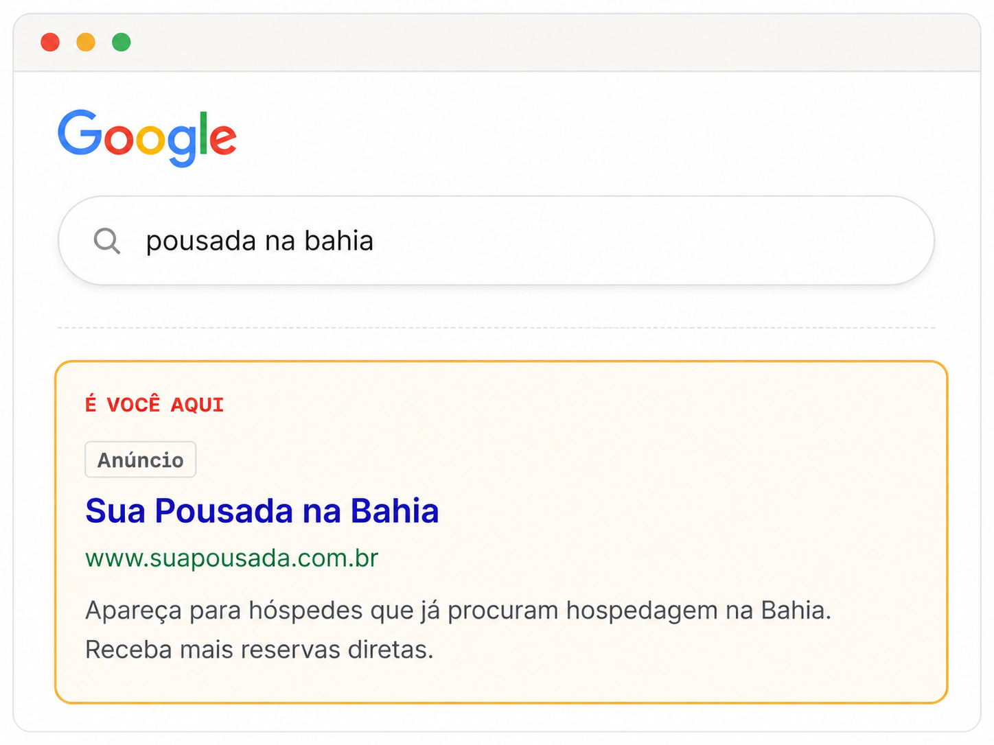 Simulação de pesquisa no Google para pousada na Bahia